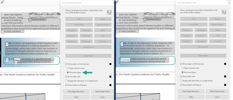 [Figure 21] Two side-by-side screenshots of Adobe Acrobat with an active document with text highlighted with <p> tags and the "Touch Up Reading Order" panel menu open next to the text. In the screenshot to the left, a green arrow points at the "Structure Types" radio button. In the screenshot to the right, the selected text now showas a "Formula" after the user adjusts the tag to formula.