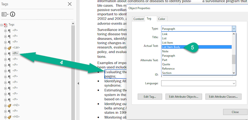 [Figure 19] Screenshot of an active document in Adobe Acrobat with the structure types window open and the "Object Properties" dialog visible over the main document text. A green arrow pointing at the structure types window and at the highlighted text in the document with the number 4 in the middle of a double green arrow. A green comment bubble with white #5 shows users where to click "List Item Body" in the Object Properties box in the "Type" drop-down menu.