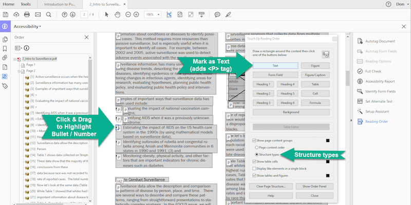 [Figure 16] Screenshot of the "Touch Up Reading Order" panel in Adobe Acrobat with an active document and the TURO menu open. Green comment arrows with white text instructor users the steps to take to set the Structure Type. Step 1 to click the "Structure Types" radio button in TURO. Step 2 is to highlight each bullet/number and click the "Mark as Text" button in the TURO tool.