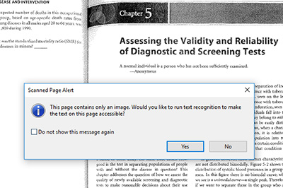 Screenshot of Adobe Acrobat window with a document as an image. The 'Scanned Page Alert' dialog is open, and is asking to confirm the text recognition process.