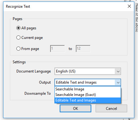 Screenshot of "Recognize Text" window and menu in Adobe Acrobat that allows users to select their settings for the Optimal Character Recognition Tool.