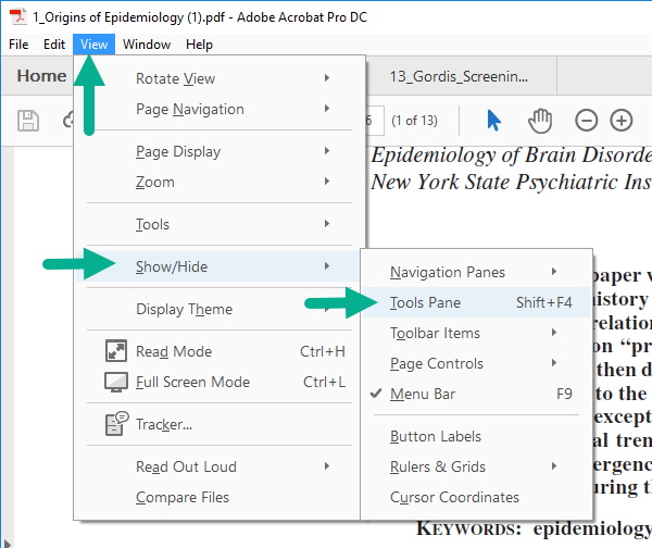 Screenshot of an open file in Adobe Pro with a drop-down menu visible over the text from the "View" navigation menu. An arrow points to the user where to click on "View," with another arrow pointing to "Show/Hide" to toggle a side-menu that shows the user an arrow pointing to "Tools Pane," that the user can click to toggle on the Tools Pane option.