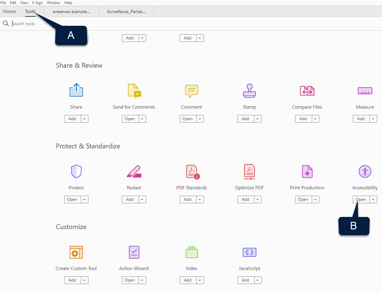 [Figure 2] Screenshot of the Adobe Pro Tools menu. A flag labeled 'A' marks the Tools menu activation, and a flag titled 'B' marks the Accessibility option listed under Protect & Standardize.