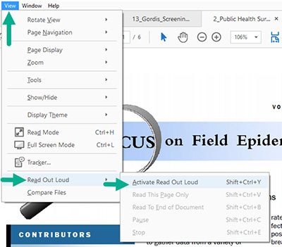 Screenshot of Adobe Acrobat window with a live document and two menus open. A green arrow shows users where to click 'View' to open the View menu. Next, a green arrow shows users where to click 'Read Out Loud' in the View menu to toggle the Read Out Loud menu options. And finally, a green arrow points to 'Activate Read Out Loud,' the option that triggers Adobe's 'Read Out Loud' tool.