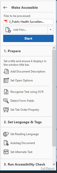 [Figure 3] Screenshot of the 'Make Accessible' tool sidebar with menu options divided into sections, including '1. Prepare', 'Set Language & Tags', and '3. Run Accessibility Check.' Each option includes steps such as 'Add Document Description, 'Autotag Document' and 'Set Alternate Text' that allows users to correct accessibility issues in Adobe Acrobat.