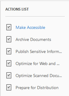 Screenshot of the 'Actions List' menu options in the 'Actions Wizard' tool, including 'Archive Documents' and 'Prepare for Distribution.' The screenshot shows the 'Make Accessible' link option that users can click to launch the 'Make Accessible' tool.