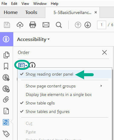 [Figure 6] Screenshot of the 'Order Panel' menu in Adobe Acrobat with a green arrow pointing to the 'Showing reading order panel' menu link that users can click to launch the Reading Order Panel.
