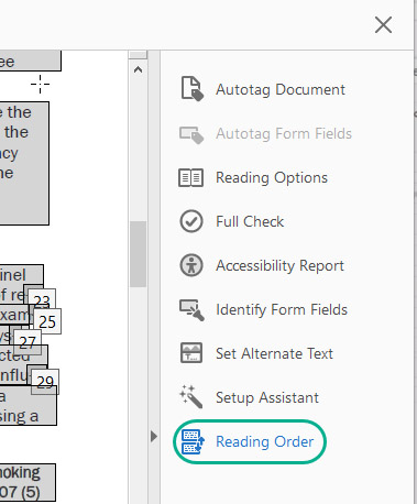 [Figure 5] Screenshot of the 'Accessibility' drop-down menu in Adobe Acrobat with options such as 'Autotag Document' and 'Reading Options.' A green oval around 'Reading Order' shows users where to click to launch the Reading Order Panel.