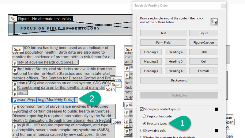 [Figure 8] Screenshot of a page in Adobe Acrobat with the 'Touch Up Reading Order Panel' active. The TURO menu is open over the content and each piece of content is highligted on the page with its tagged type (e.g., p, span, etc.). A green comment bubble with corresponding white number shows users where to click the radio button for 'Structure types' in the TURO tool and how the content looks when a user selects an area to update. 