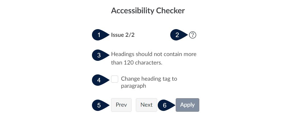 WebCampus rich text editor accessibility checker dialog box with numbered pointers corresponding to items indicated listed in numbered list