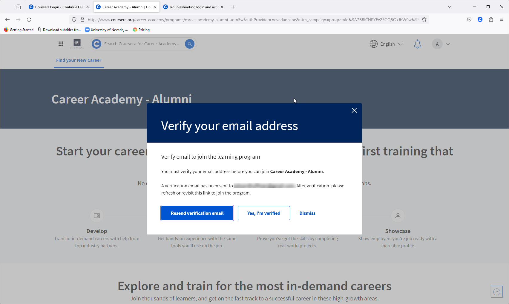 Screen shot of the UNR Coursera interface showing “Verify your email address” pop-up.