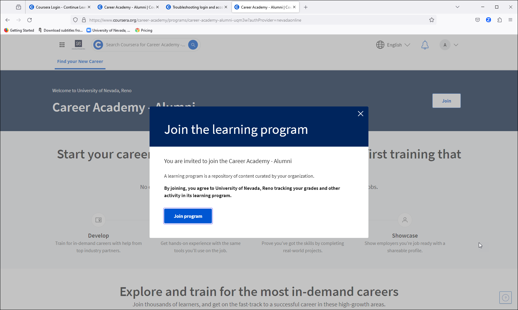 Screen shot of UNR Coursera “Join the learning program” pop-up.