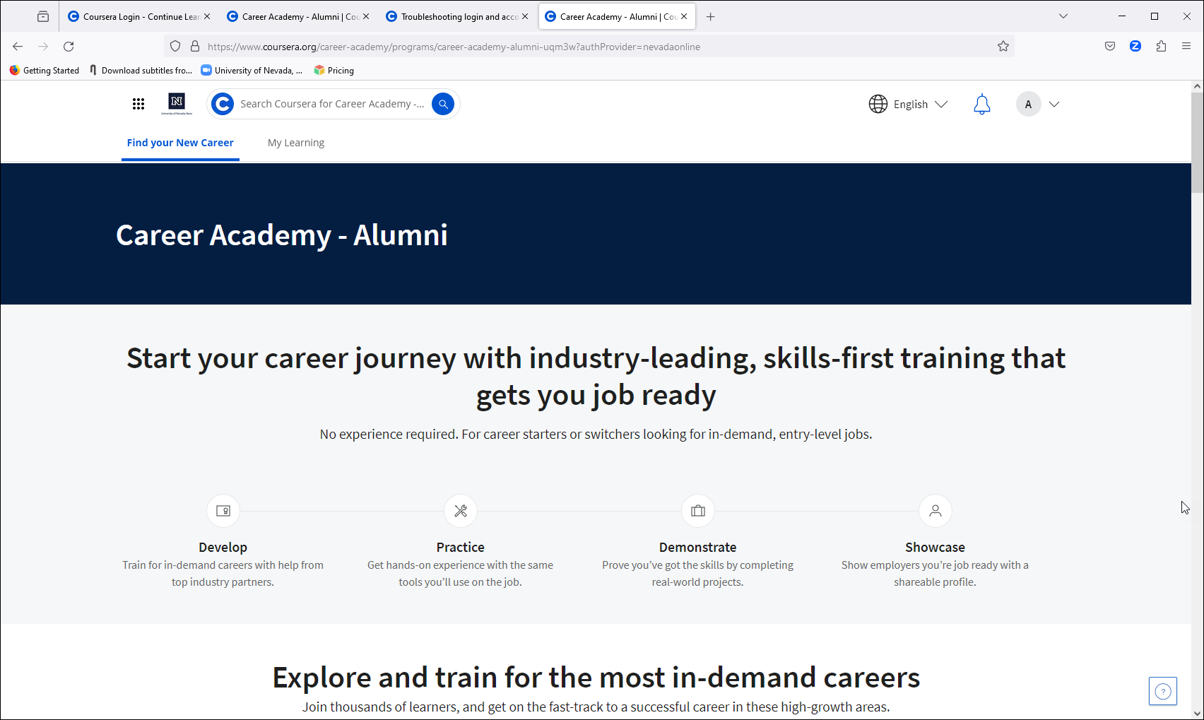 Screen shot of the UNR Coursera Career Academy - Alumni Home Page