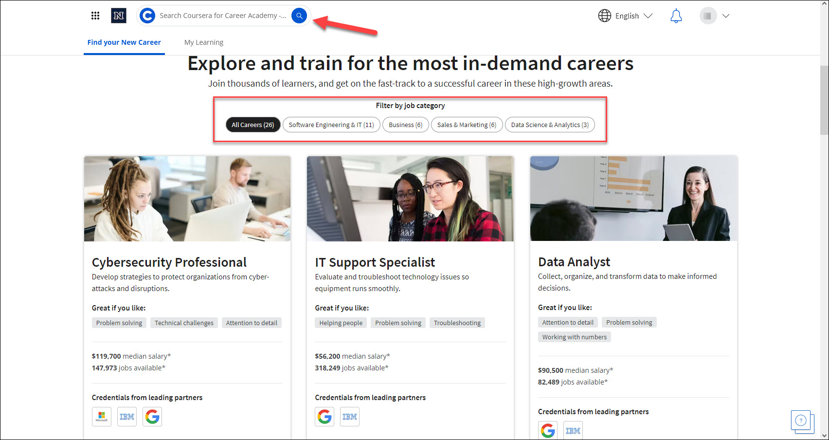Screen shot of UNR Coursera Career Academy – Faculty & Staff home page, shown after login, with default program credentials shown. There is a box around the Job Category filter to highlight the various filter options. An arrow highlights the main search tool.