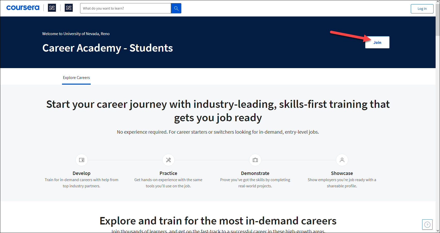 Screen shot of UNR Coursera Career Academy – Students home page. An arrow highlights the Join button.