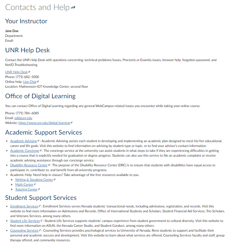 Example of a Contacts and Help page in WebCampus with explanations of what each student support service offers.