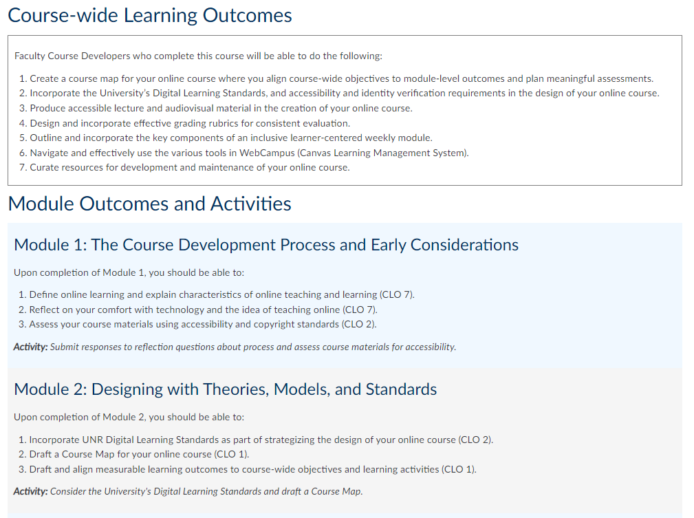 Portion of a Course Map shared in the course orientation module of the Office of Digital Learning’s Online Development Training Course, demonstrating how module-level outcomes are measurable and aligned with course objectives and learning activities for each module.