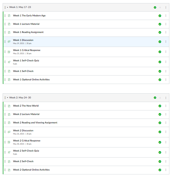 Example of two modules in a row with consistent naming, phrasing, and placement of activities, assessments, and materials.