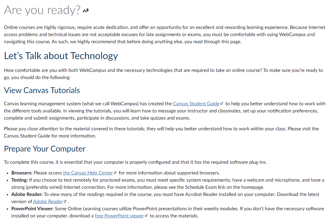 A sample page containing information about course site technology.