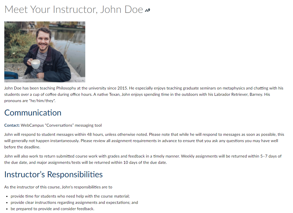 Sample Meet your Instructor page that includes instructor picture, bio, communication methods, and instructor responsibilities.