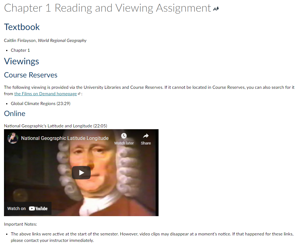 Sample Reading and Viewing Assignment page provided by Geography Instructor Christine Johnson.