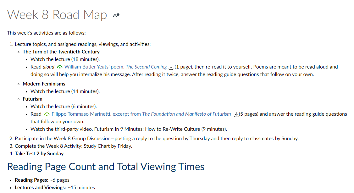 Sample Road Map page provided by Core Humanities Instructor Angela Chase.