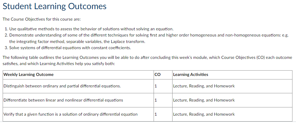 Screen capture of student learning outcomes listed in a table.