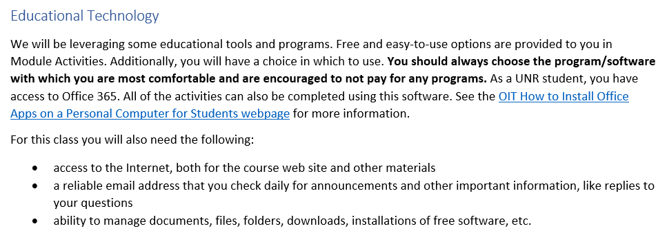 Screenshot of syllabus section on educational technology in an online class.
