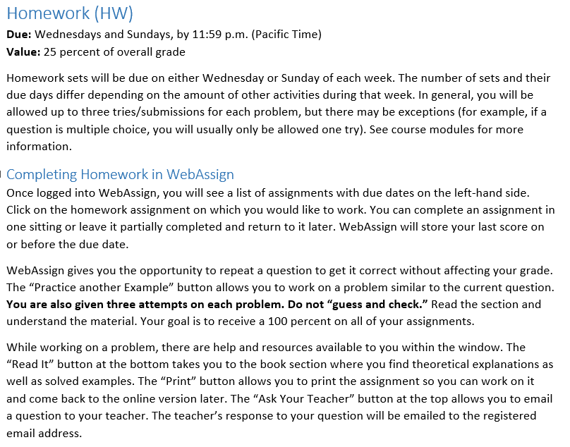 Sample homework syllabus description guiding students on all elements of successfully completing the assignment.