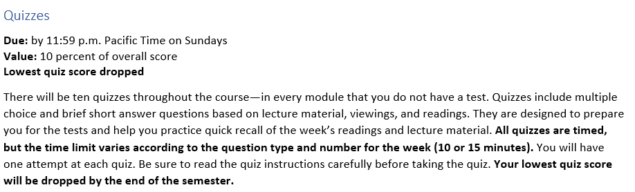 Sample Syllabus Quiz assignment description provided by Core Humanities.