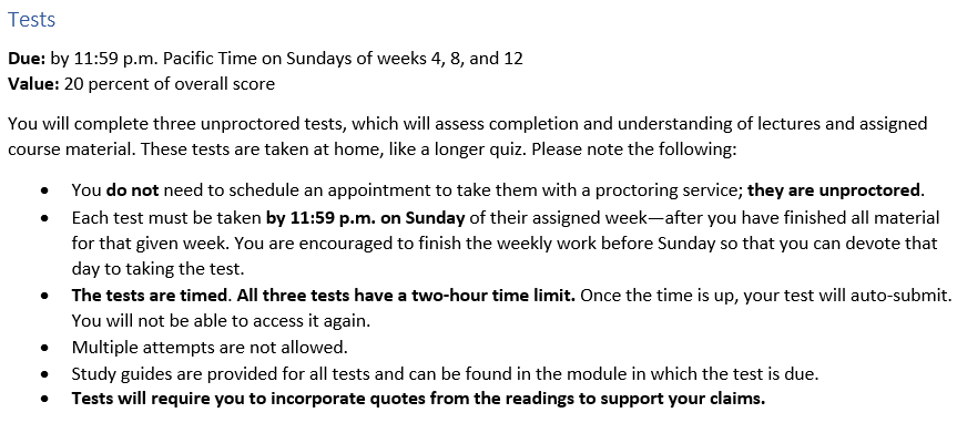 Sample test overview information from a syllabus provided by Core Humanities