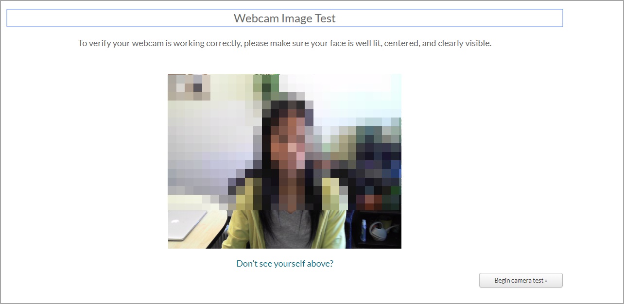 [Figure 5] Screenshot of the WebCam Image Test screen, showing some brief instructions and a preview of what the camera sees. A button below this preview says: “Begin camera test”.