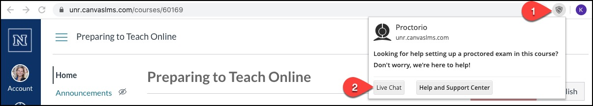 Screen capture of the Chrome browser window with the shield button in the browser URL bar [marked by a (1)]. A pop-up window is shown with a 'Live Chat' button marked by a (2).