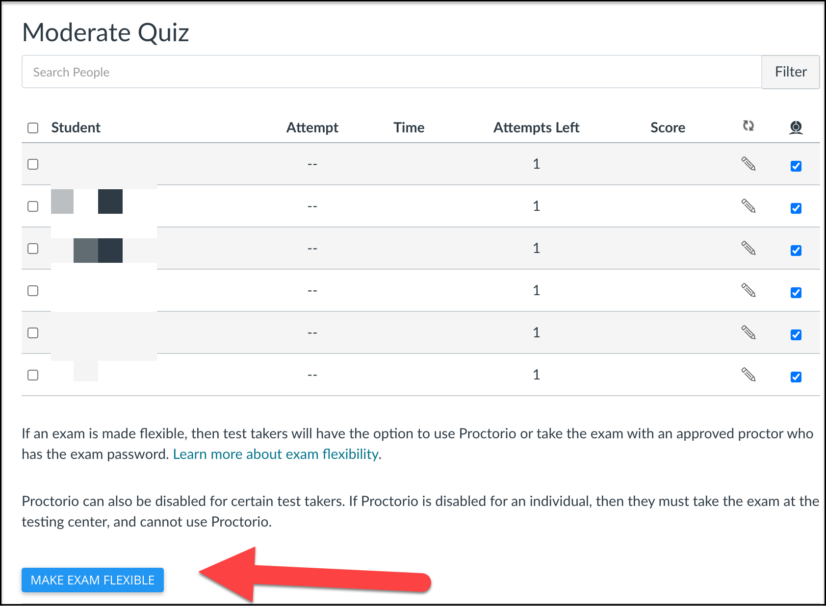Screen capture showing the Moderate Quiz interface. Below the moderation area, there is a red arrow pointing at the 'Make Exam Flexible' button.