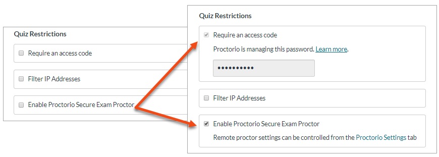 [Figure 2] Screenshot of the Proctorio Quiz edit mode with the "Quiz Restrictions" window that includes "Require an access code", "Filter IP Addresses" and "Enable Proctorio Secure Exam Proctor" options with checkboxes to turn them on or off. The second Quiz Restrictions window shows the "Enable Proctorio Secure Exam Proctor" checkbxo checked, with the message "Remote proctor settings can be controlled from the Proctorio Settings Tab" and "Require an access code" checked with a text box that allows users to set an access code password.