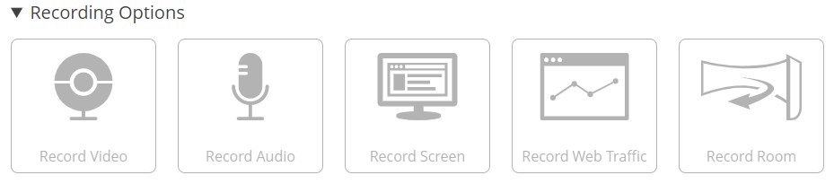 Screen clipping of the Proctorio Recording Options. The options are: Record Video, Record audio, Record Screen, Record Web Traffic and Record Room.