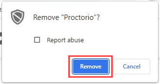 Screenshot of Remove Proctorio window. A red box surrounds the Remove button.