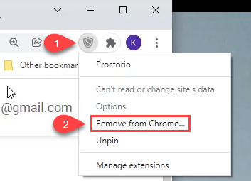 Screenshot of the upper right corner of the Chrome browser. The 1 icon points to the grey Proctorio shield icon. The 2 points to the fourth option on the pop up menu, which is Remove from Chrome.