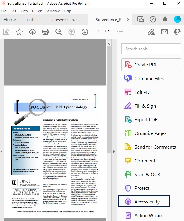 Screenshot of a file open Adobe Acrobat with the top navigation menu icons shown and the expanded right-side navigation bar with mutiple options, such as 'Create PDF,' 'Edit PDF' and 'Organize Pages' and their associate icons. The 'Accessibility' option with its icon is at the bottom, marked by a green oval around both.