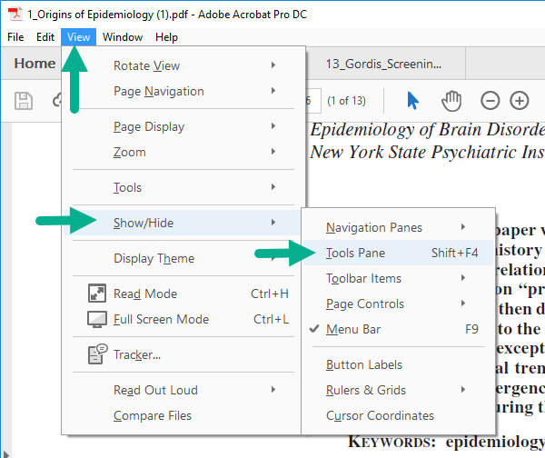 Screenshot of an open file in Adobe Acrobat with a drop-down menu visible over the text from the "View" navigation menu. The expanded menu allows users to complete multiple actions such as turning on 'Read Mode' or changing 'Page Display' options. A green arrow points to the user where to click on 'View,' with another green arrow pointing to 'Show/Hide[' to toggle a side-menu that shows the user a green arrow pointing to 'Tools Pane,' the user can click to toggle on the Tools Pane option.