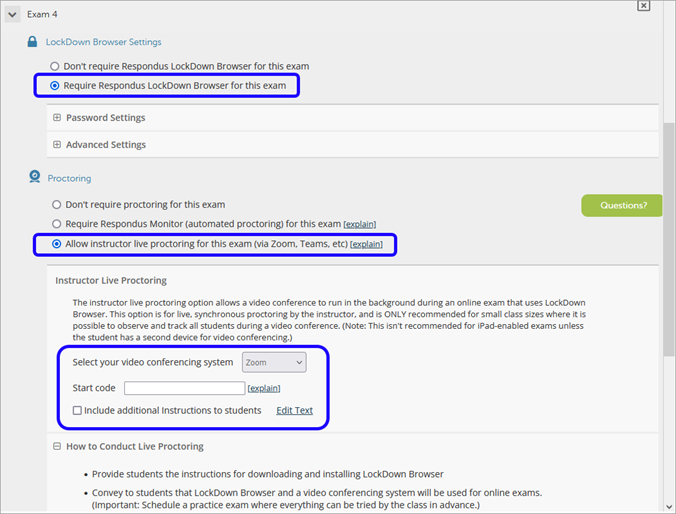 Screen capture of the LockDown Browser settings dialog with the Allow instructor live proctoring for this exam option checked 