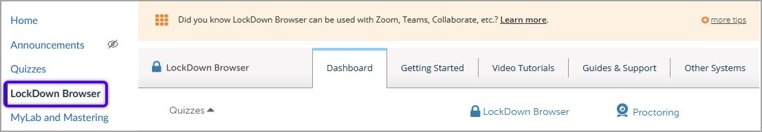 Screenshot of LockDown Browser dashboard in a WebCampus course
