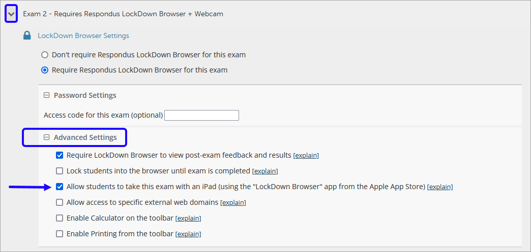 Screenshot of the LockDown Browser settings with the advanced settings expanded and the box checked for 'Allow students to take this exam with an iPad" selected.