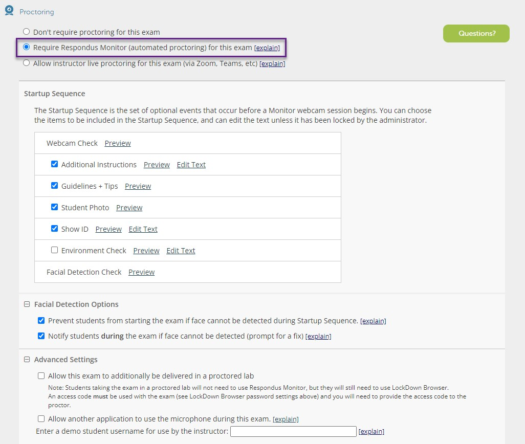 Screen capture of the Proctorio startup sequence selection interface. The option for 'Require Respondus Monitor' is selected and circled in the image.