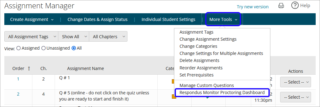 Pearson MyLab Assignment Manager screen with the More Tools drop-down menu enabled and Respondus Monitor Proctoring Dashboard selected from the menu.