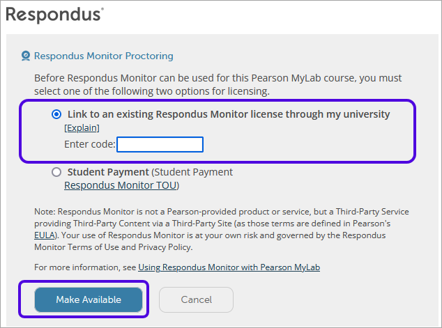Respondus Monitor Proctoring license configuration window.