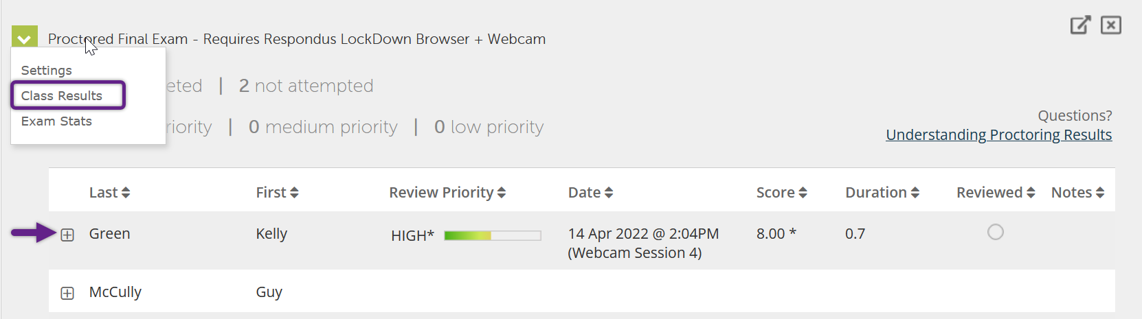 Screen capture of the student recording review interface. The drop-down menu for the exam is activated and the option for Class Results is circled. An arrow points to the plus symbol adjacent to the student's last name in the resulting list.