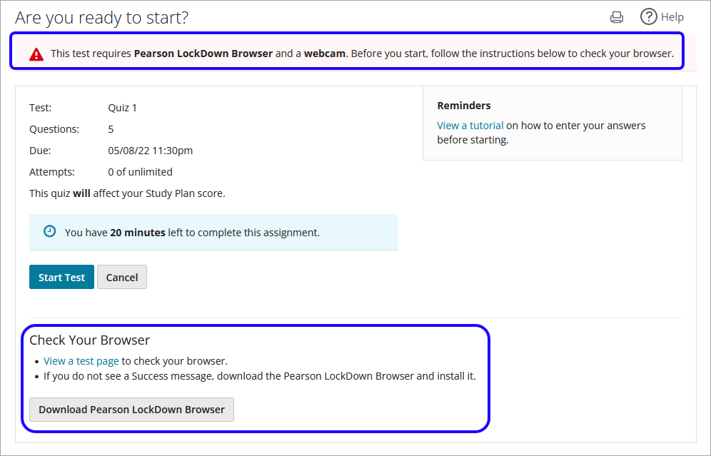 Screenshot of a quiz on Pearson MyLab, where a download link to Pearson Lockdown Browser is located