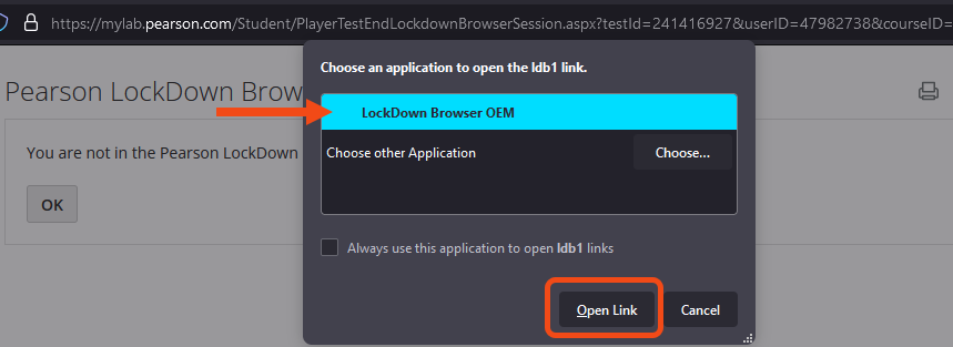 Screenshot of a pop-up message asking to choose an application on the screen to open the link.