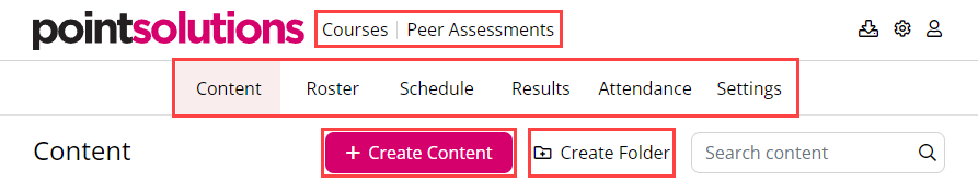 Content page in an active course. The menu tabs are highlighted, which include Content, Roster, Schedule, Results, Attendance and Settings. There are also links for creating content and folders.